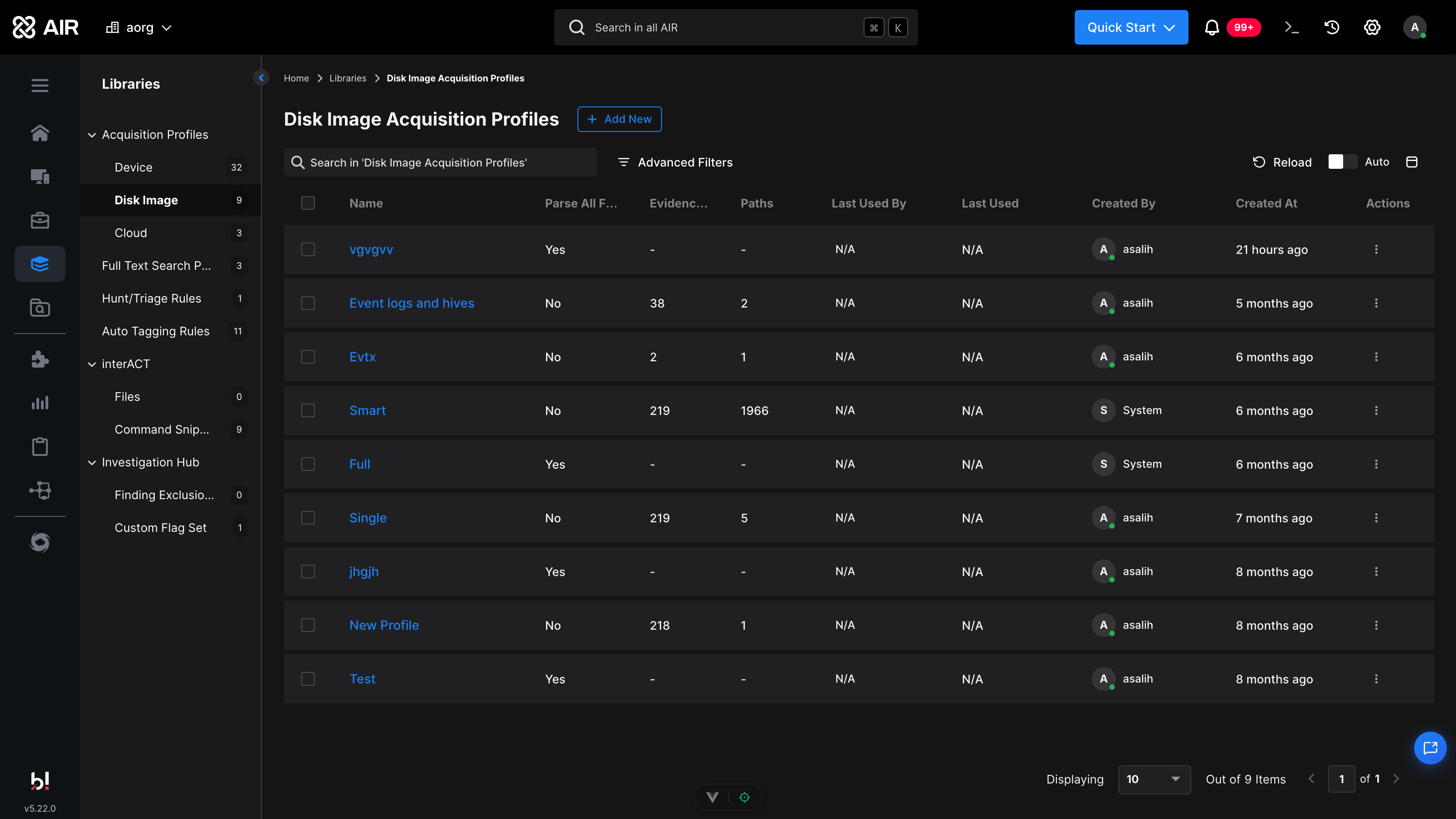 Disk Image Acquisition Profiles list with the system Full and Smart profiles